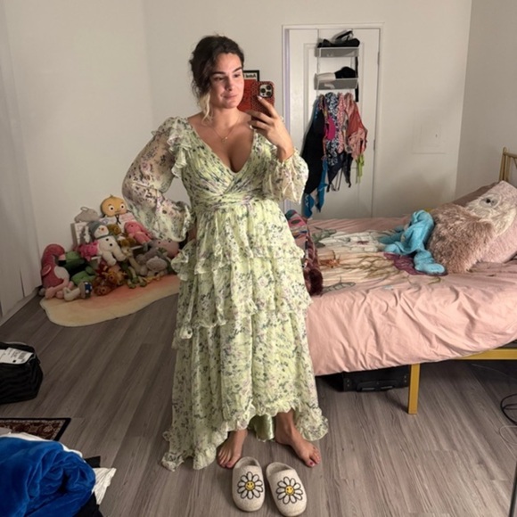 MAC DUGGAL Green Floral Chiffon Tiered Ruffle Dress 6 - Picture 3 of 16